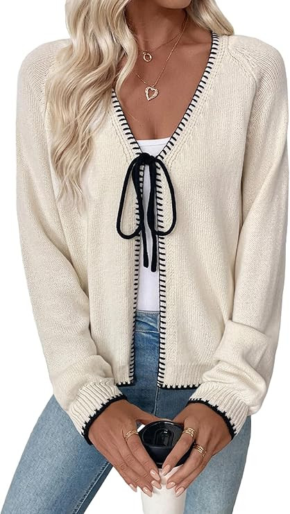 EVALESS Womens Cardigan Sweaters Trendy V Neck Long Sleeve Open Front Bow Tie Knit Chunky Lightwe... | Amazon (US)