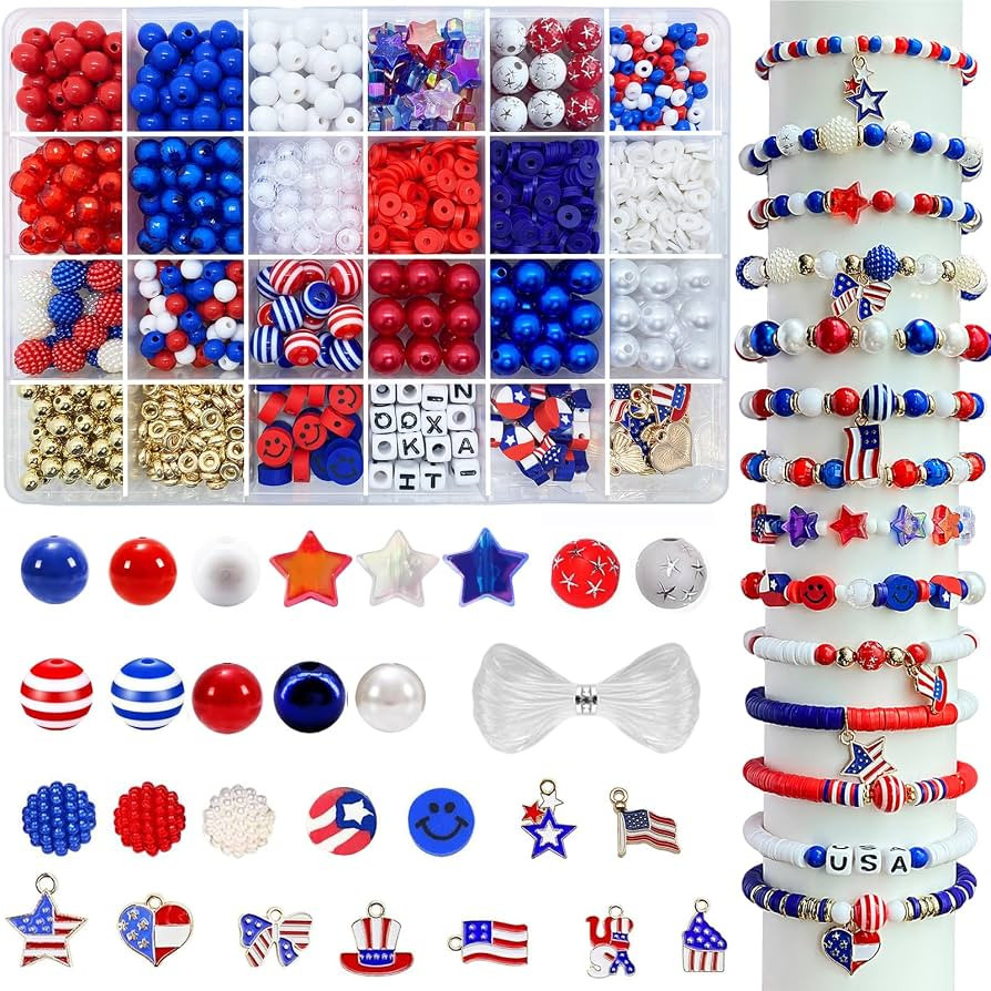 1461Pcs Red White Blue Beads for Bracelet Making Kit 4th of July Patriotic Beads for Jewelry Maki... | Amazon (US)