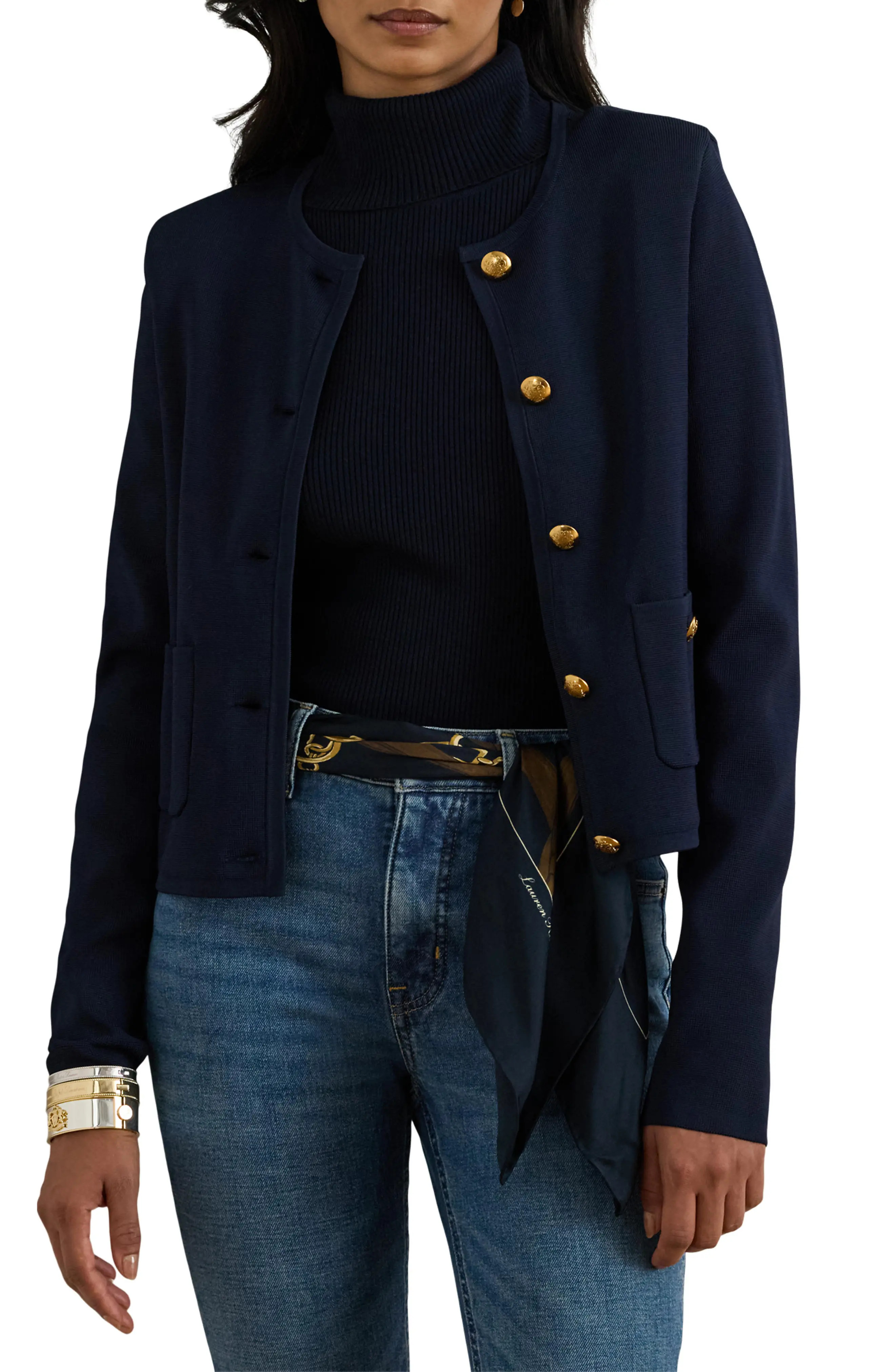 Lauren Ralph Lauren Crewneck Crop Sweater Jacket in Lauren Navy at Nordstrom, Size Large P | Nordstrom