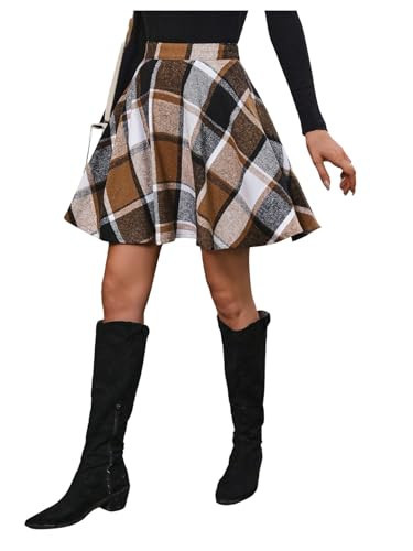 SweatyRocks Women's Plaid Flannel Skater Skirt High Waisted Flared Vintage Office Fall Skirts Khaki Large | Amazon (US)