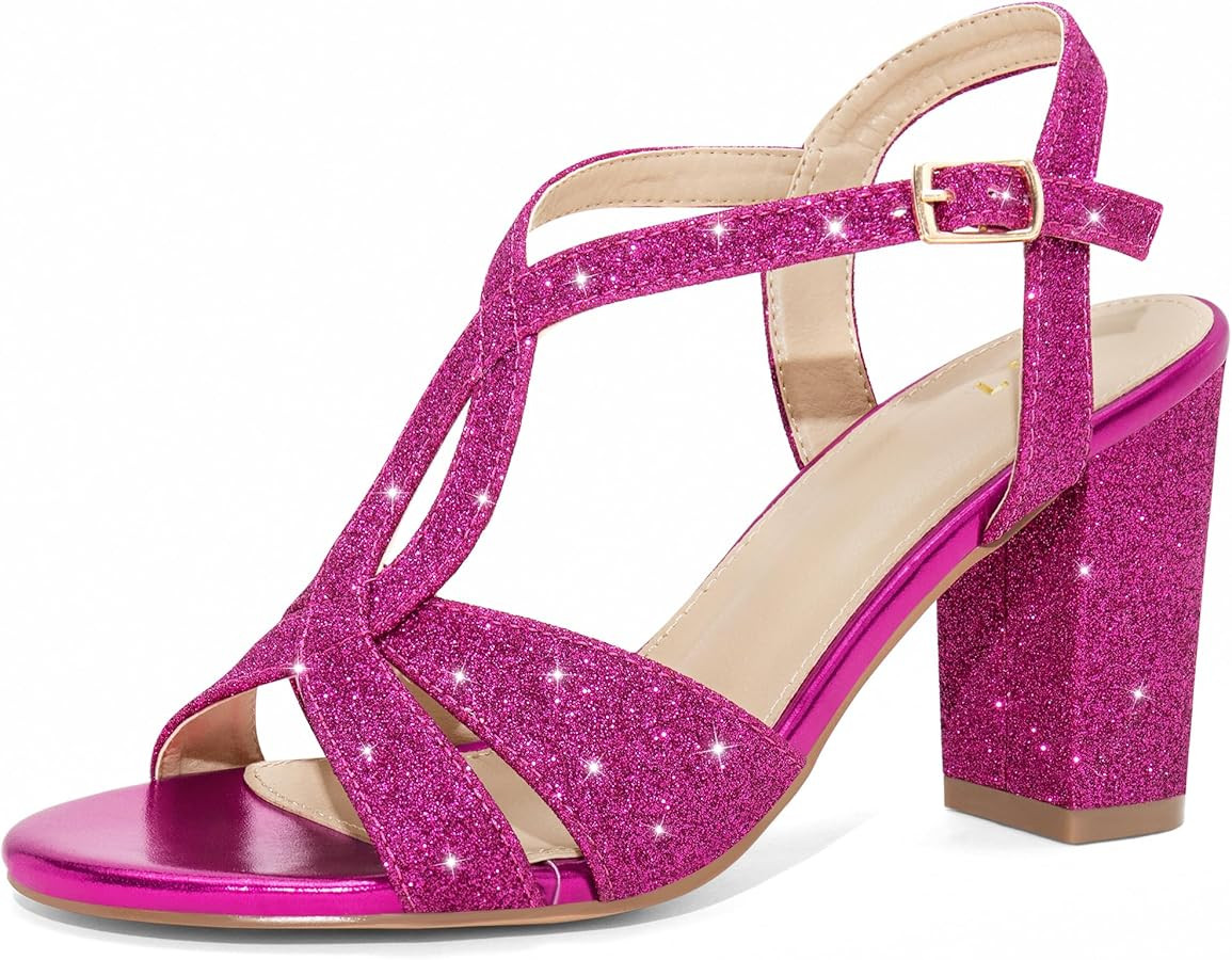 Perphy Glitter Sparkly Heels Crisscross Strap Chunky Heel Sandals for Women | Amazon (US)