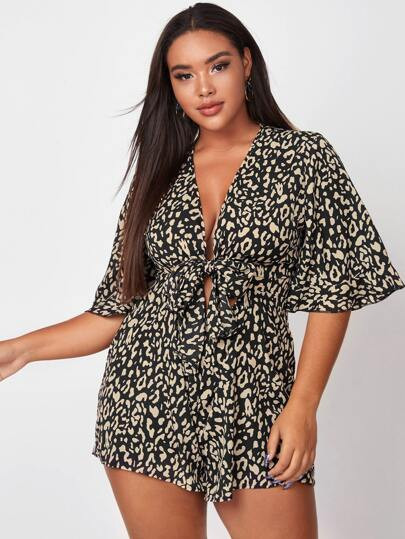 Plus Leopard Print Plunging Neck Tie Front Romper | SHEIN