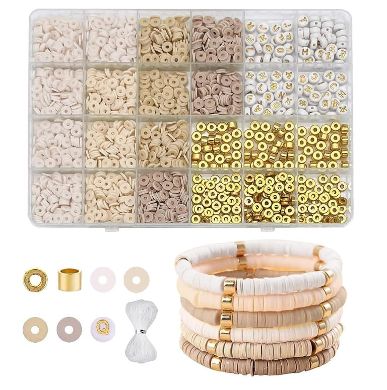 24-Grid DIY Clay Beads Bracelet Kit - 4 Soft Beige Colors Polymer Clay Beads + Golden Spacer Bead... | Amazon (US)