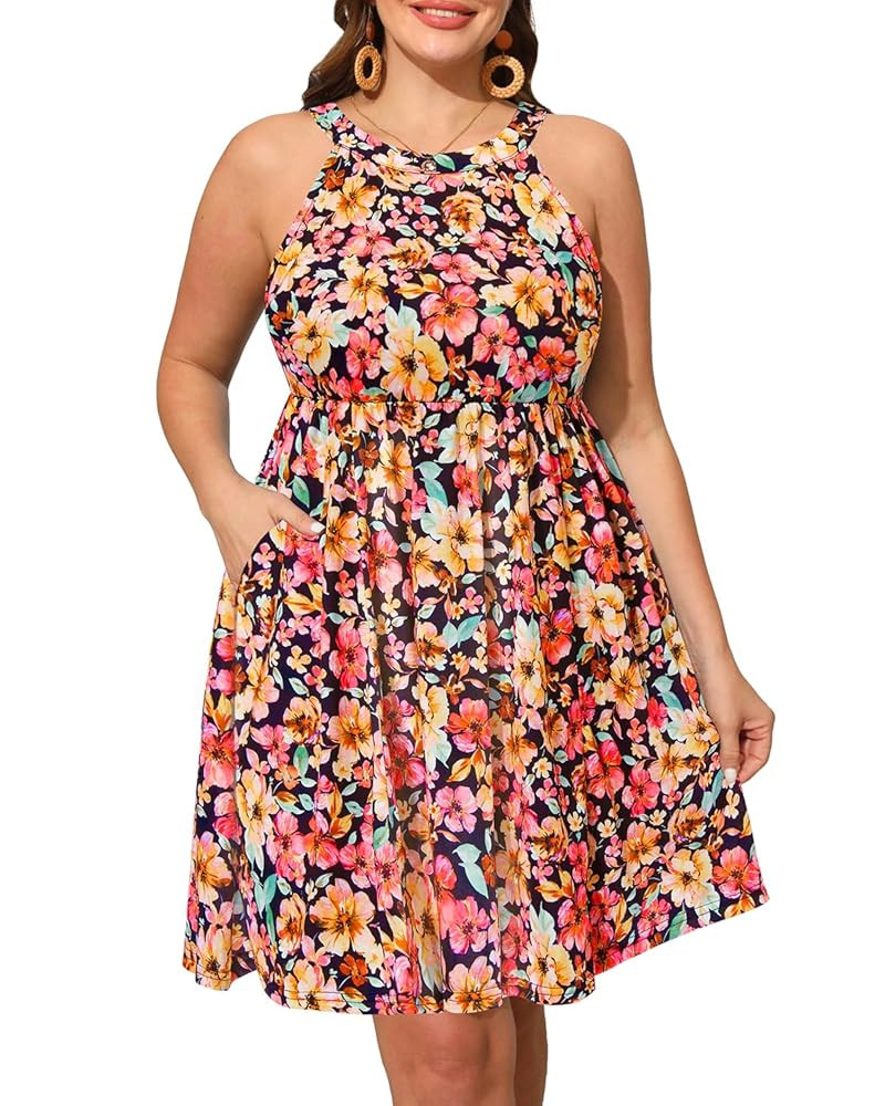 Plus Size Summer Dress - Casual Sun Halter Neck Sleeveless Short Sundress with Pockets | Amazon (US)