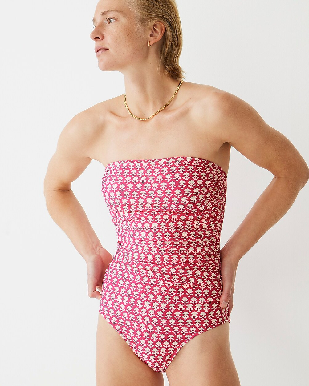 Ruched bandeau one-piece swimsuit in pink stamp floral | J. Crew US