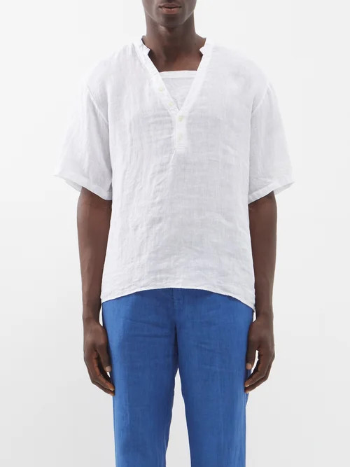 120% Lino - Half-button Linen Short-sleeved Shirt - Mens - White | Matches (US)