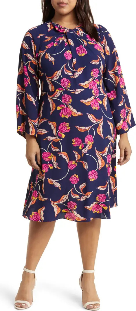 Floral Twist Detail Long Sleeve Midi Dress | Nordstrom