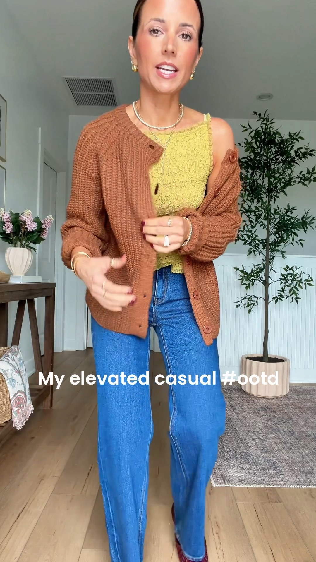 My elevated casual outfit of the day! Fall outfit. Fall style. Mom outfit. Relaxed straight leg jeans in 24 short. Chunky knit cardigan in XS. Lace peplum top in XXS. Burgundy ballet flats are TTS.