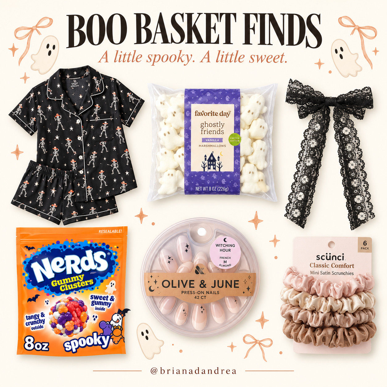 A little spooky, a little sweet 👻 Boo basket ideas from Target: Halloween pajamas, ghost marshmallows, Nerds gummy clusters, a black lace bow, Halloween press-on nails, and satin scrunchies. Pick a cozy thing, a sweet treat, and a little accessory for an easy Halloween surprise! 🎃 

 