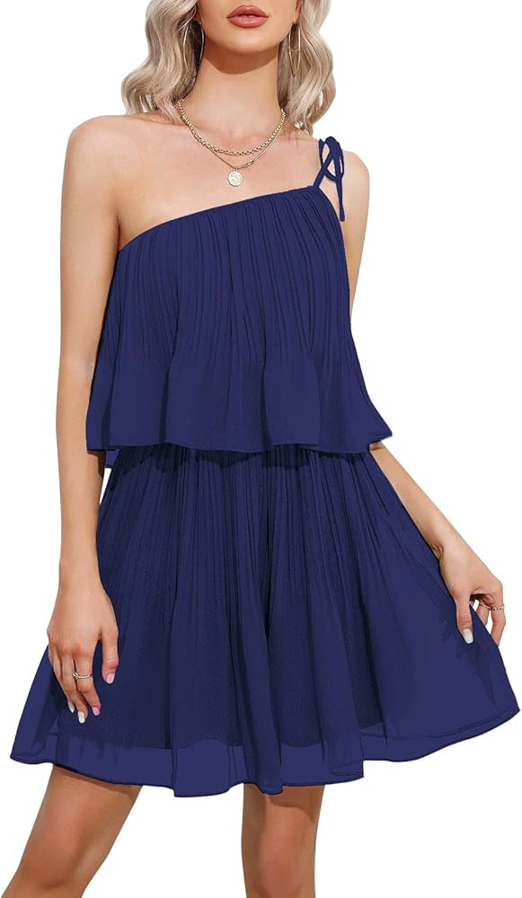 EXLURA Women's 2023 One Shoulder Layered Flowy Short Mini Dress Tiered Sleeveless Cocktail Weddin... | Amazon (US)