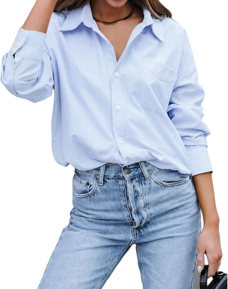 BONITEE Women's Long Sleeve Oversized Button Down T Shirt Blouse Top Casual Work Shirt | Amazon (US)