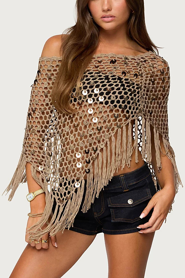 Edikted Fringe Sequin Crochet Poncho Top in Tan, Women's at Urban Outfitters | Urban Outfitters (US and RoW)
