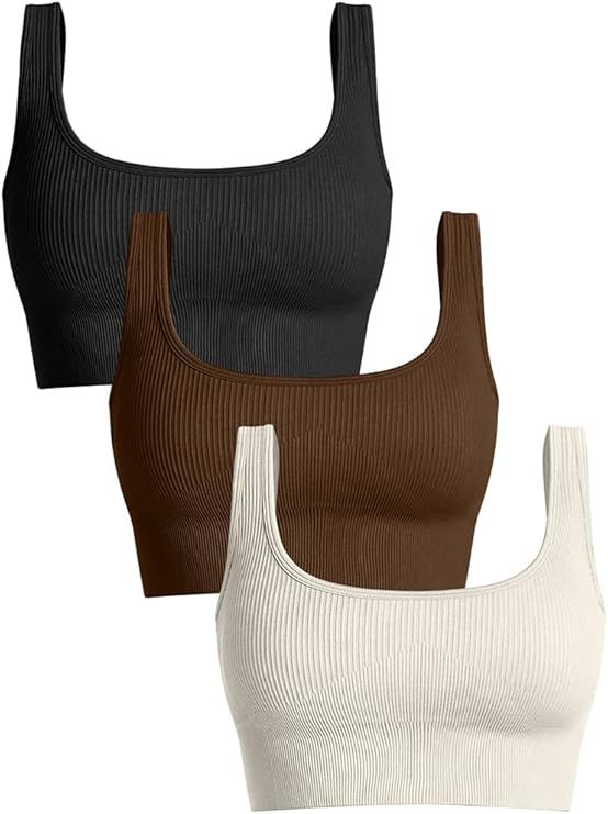 OQQ Women's 3 Piece Medium Support Tank Top Ribbed Seamless Removable Cups Workout Exercise Sport... | Amazon (US)