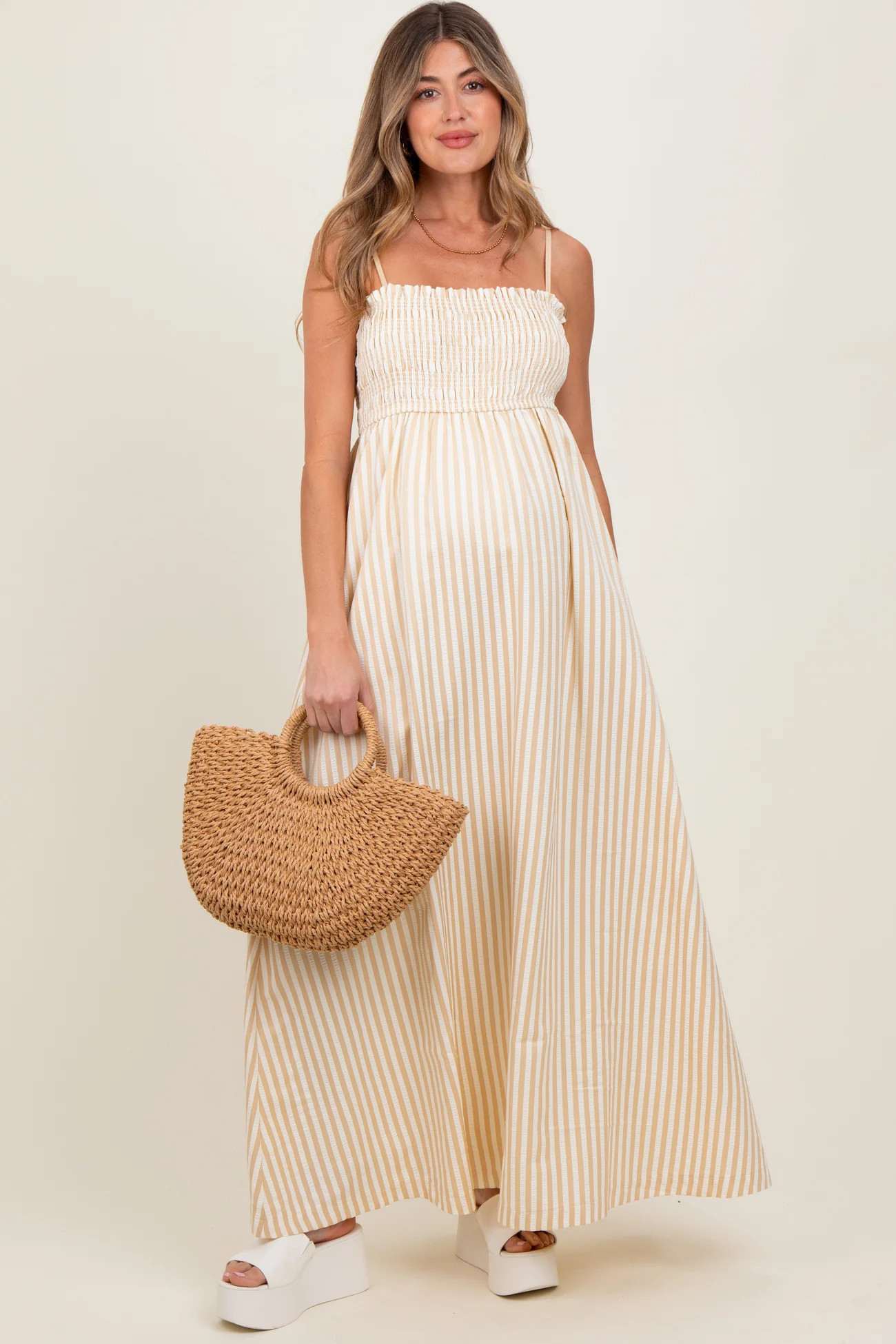 Beige Striped Sleeveless Smocked Poplin Maternity Maxi Dress | PinkBlush Maternity