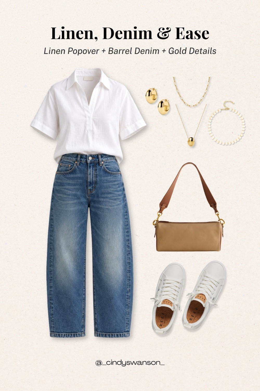 A crisp linen popover and relaxed barrel-leg jeans make such an easy warm-weather combination. I love the clean white-and-denim palette with gold jewelry, a simple leather bag, and white sneakers, comfortable, polished, and easy to wear from everyday errands to lunch or travel.

#LTKootd #LTKOver40