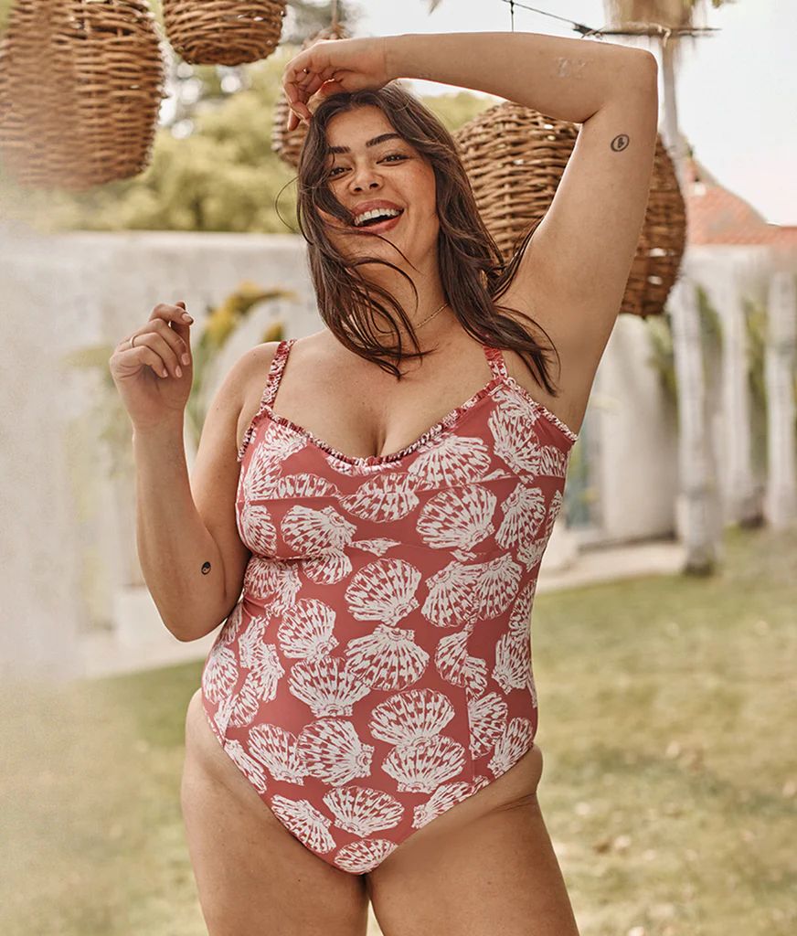 The Mini-Ruffle Coast One-Piece - Scalloped Shells in Faded Rose | SummerSalt