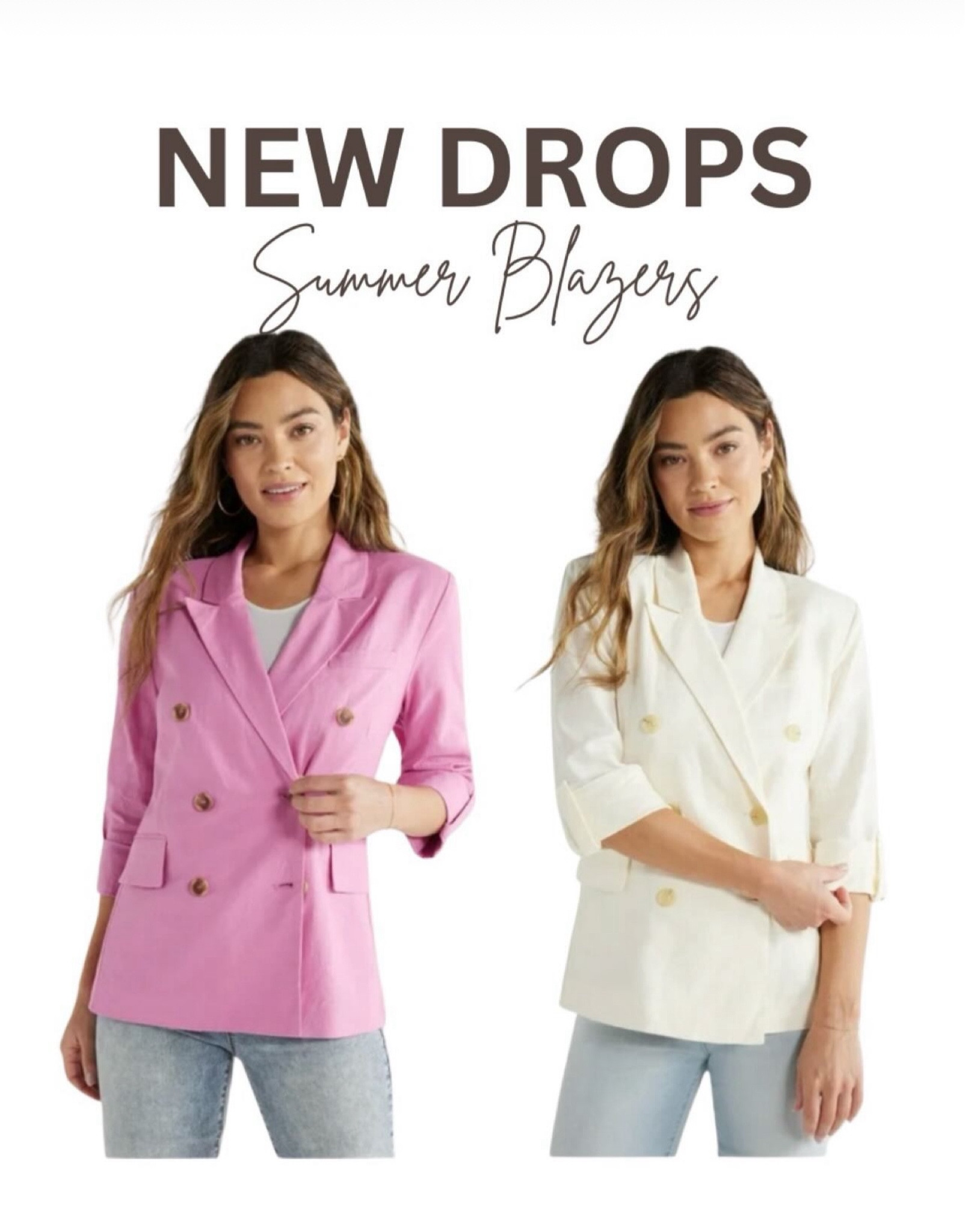 Summer Blazers, New Fashion Drops, Women's Blazers, Lightweight Jackets, Trendy Blazers, Pink Blazer, White Blazer, Double-Breasted Blazers, Casual Chic, Summer Outfit Ideas, Office Wear, Stylish Blazers, Summer Wardrobe, Versatile Blazers, Fashion Essentials.