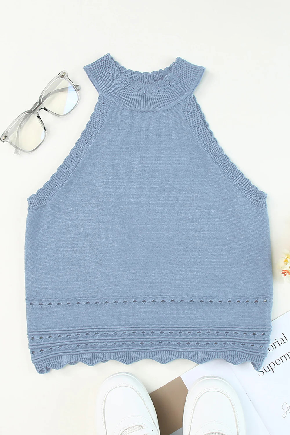 Eyelet Mock Neck Tank Misty  Blue / 2XL | Casual Chic Boutique