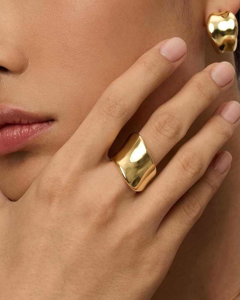 PAVOI 14K Gold Plated Chunky Statement Ring for Women | Stainless Steel Hypoallergenic Wide Stack... | Amazon (US)