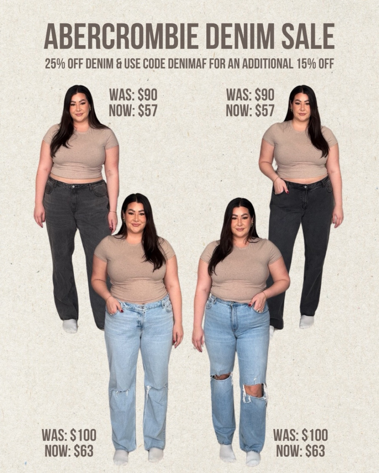 resharing my fav denim from abercrombie in honor of the sale:)) wearing 34s in all. My very current favs are the curve love slouchy jeans! 

#LTKSaleAlert #LTKxAF #LTKMidsize