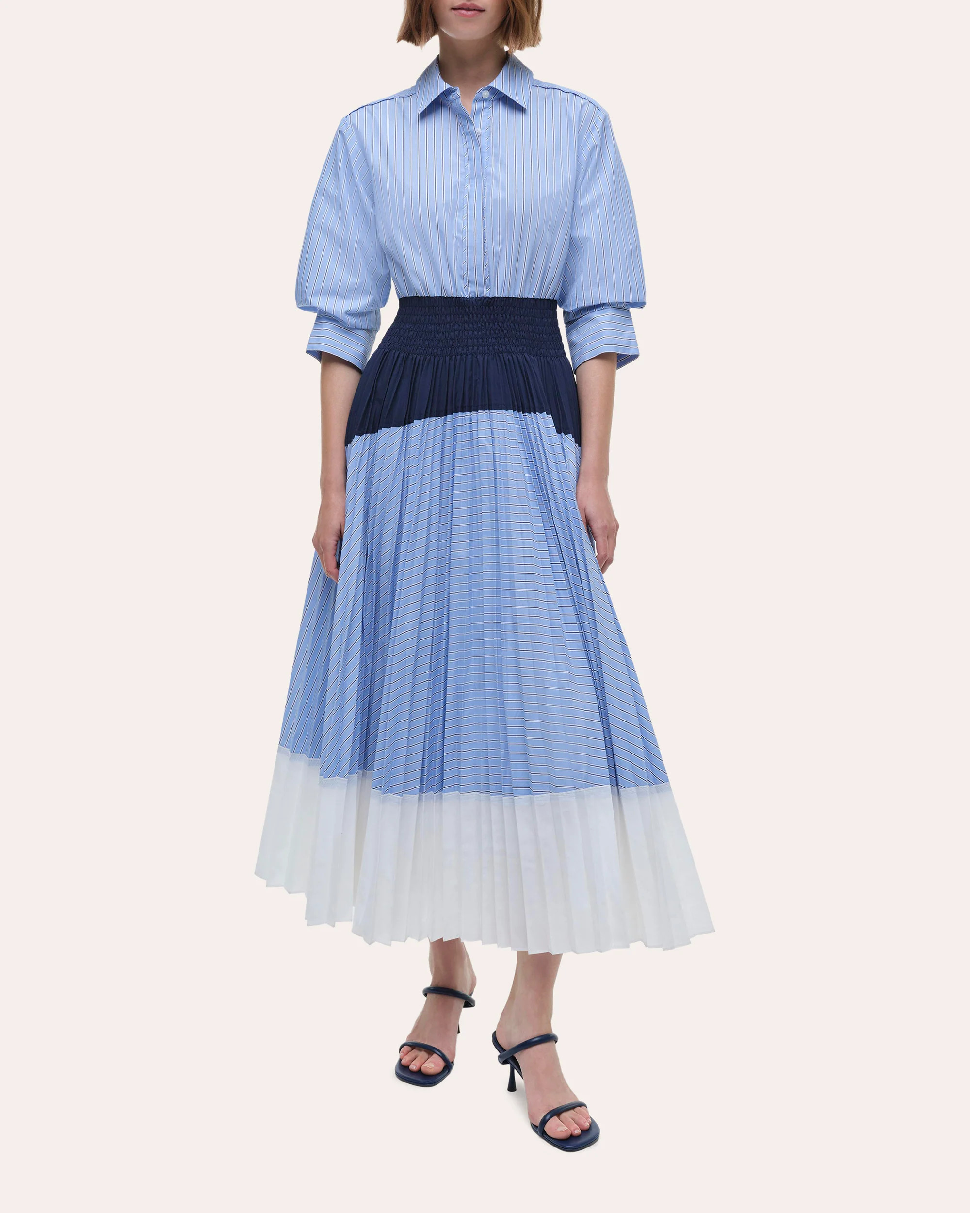 SIMKHAI Women's Jenella Stripe Pleated Cotton Poplin Midi Shirt Dress in Harbor Bue Stripe Cotton/Polyester | Olivela