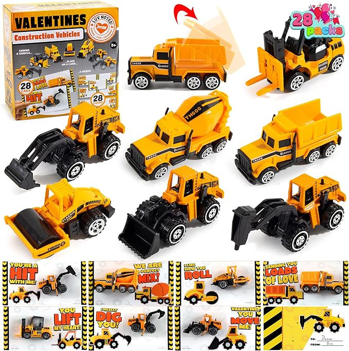 JOYIN 28 Pack Valentines Party Gift Cards with Mini Construction Vehicle Toy Set for Kids Valenti... | Amazon (US)