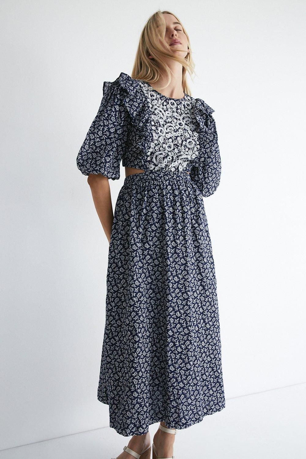 Floral Embroidered Yoke Midi Dress | Warehouse UK & IE