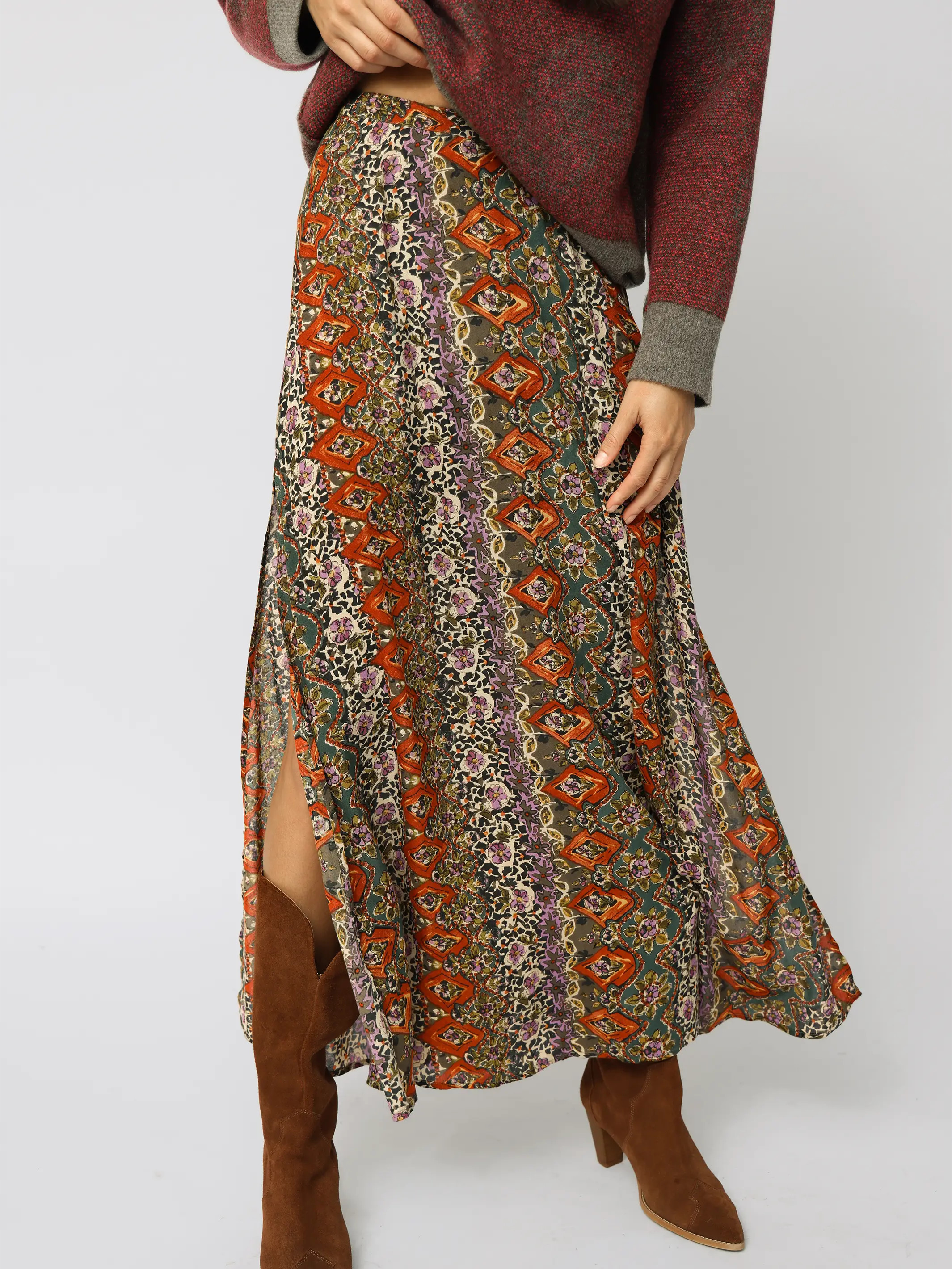 Ginger Side Slit Maxi Skirt - Brown Tuscany Border | Natural Life