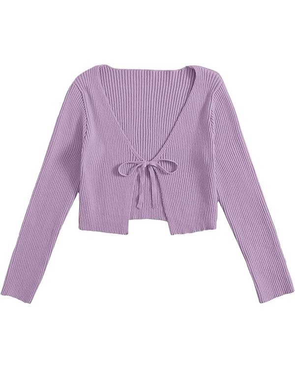 Floerns Women's Tie Front Long Sleeve Rib Knit Shrug Sweaters Cardigan Crop Top | Amazon (US)