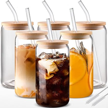 DWTS DANWEITESI Iced Coffee Cups with Lids 6pcs,16oz Glass Cups with Lids and Straws-Glass Coffee... | Amazon (US)