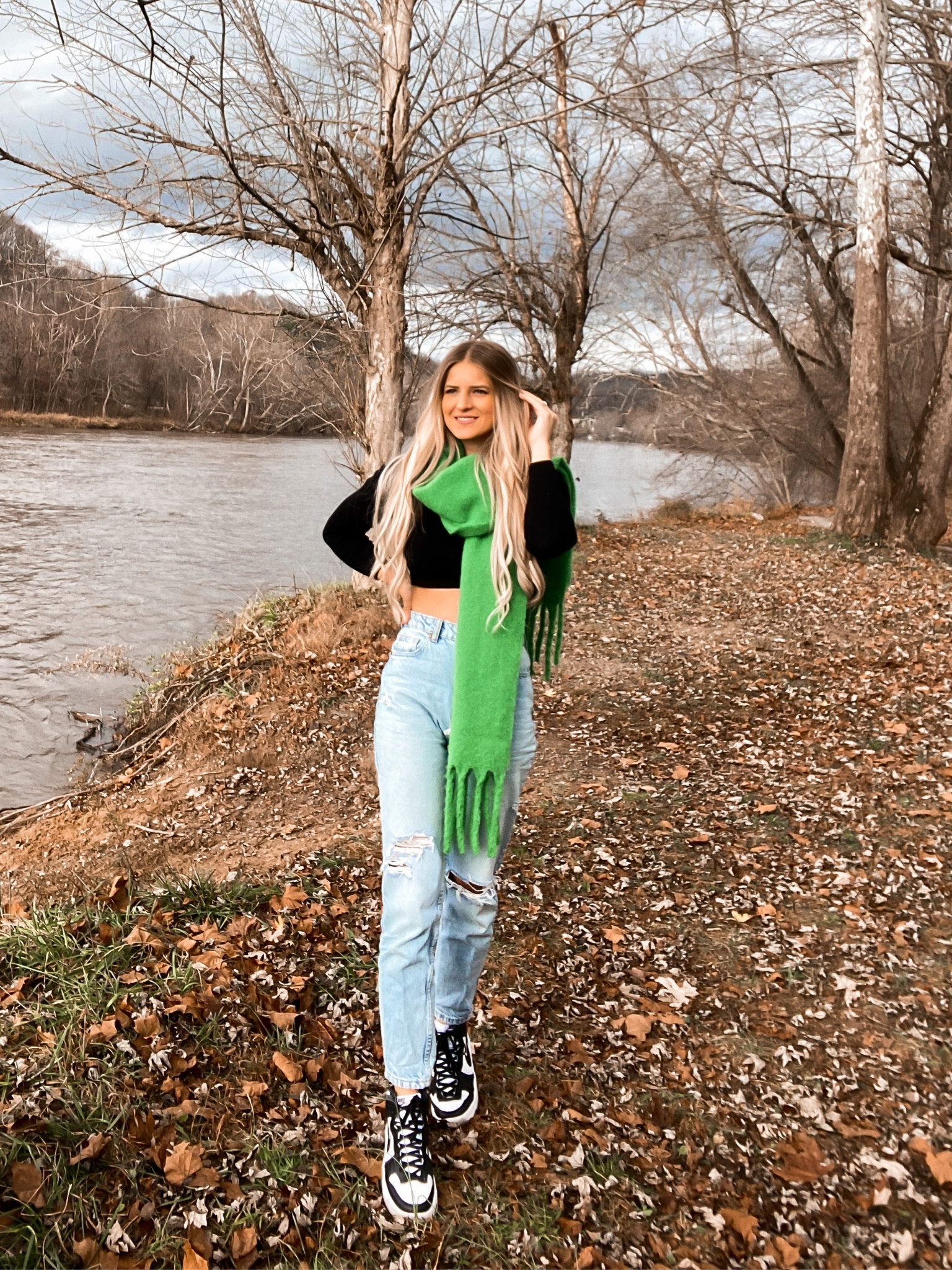 Outfit ideas, H&M, women’s clothes, accessories, scarf, green scarf, black top, seasonal, sneakers, shoes, Nike, favorite shoes, lipstick, fall outfits, woven scarf, asos, clothes, crop top, knit top 

#LTKshoecrush #LTKSeasonal #LTKstyletip