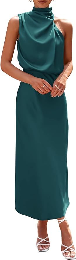 PRETTYGARDEN Women's 2024 Summer Satin Dress Elegant Sleeveless Mock Neck Cocktail Party Maxi Dre... | Amazon (US)