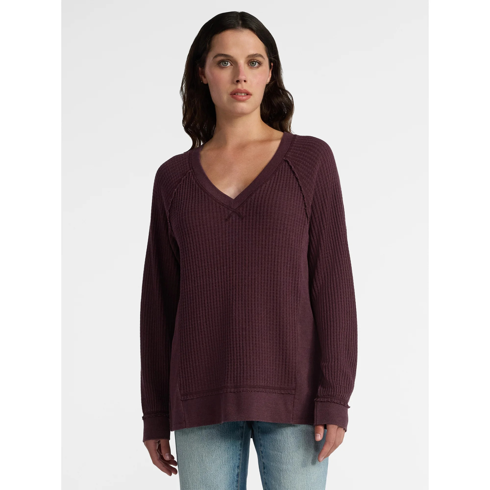 Time and Tru Women's Waffle Knit Tunic V-Neck Sweatshirt with Long Sleeves, Sizes XS-3XL | Walmart (US)