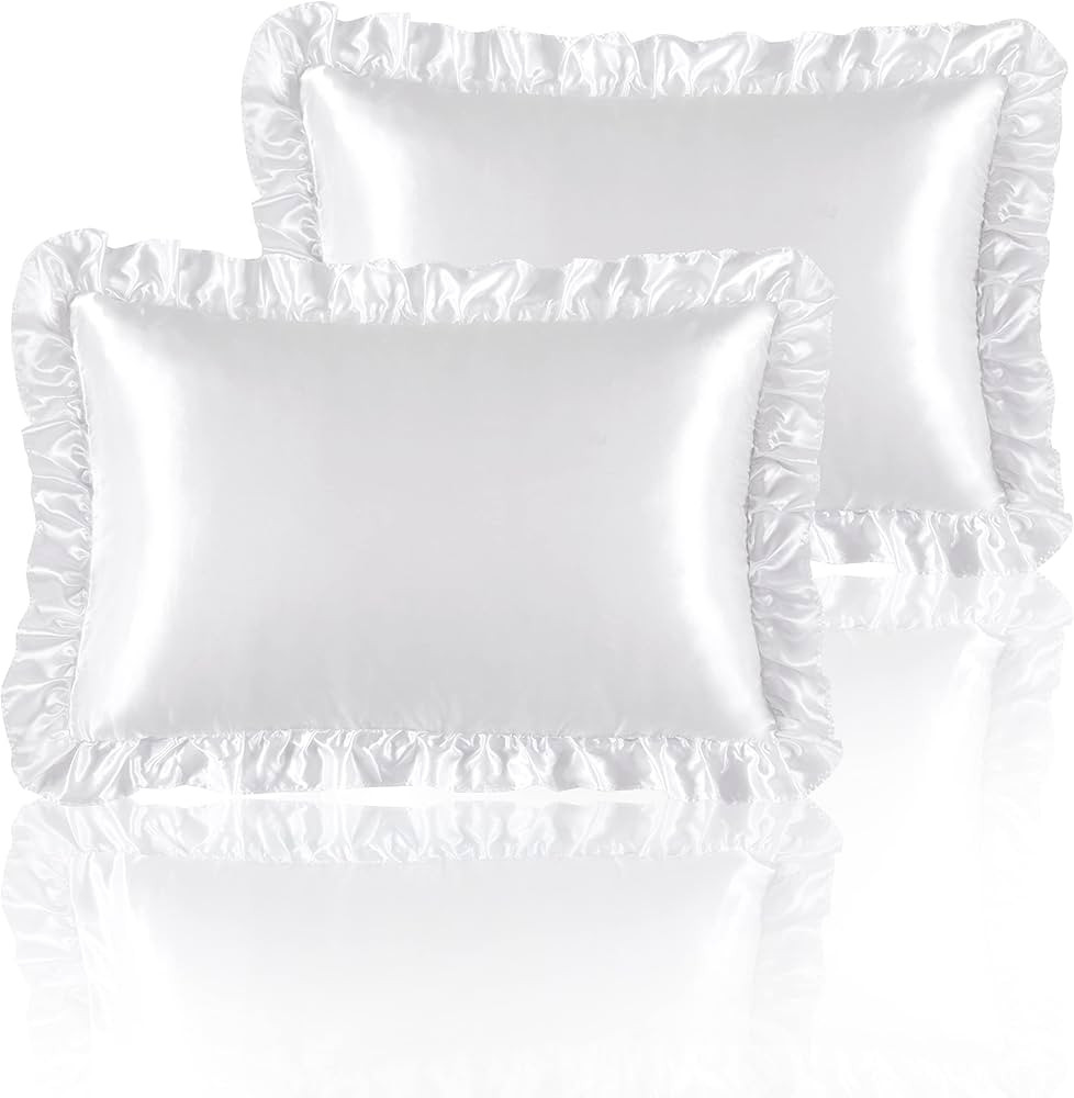 Silky Satin Ruffled Pillow Cases for Hair and Skin,White Silk Pillowcases Queen Set of 2 with Env... | Amazon (US)