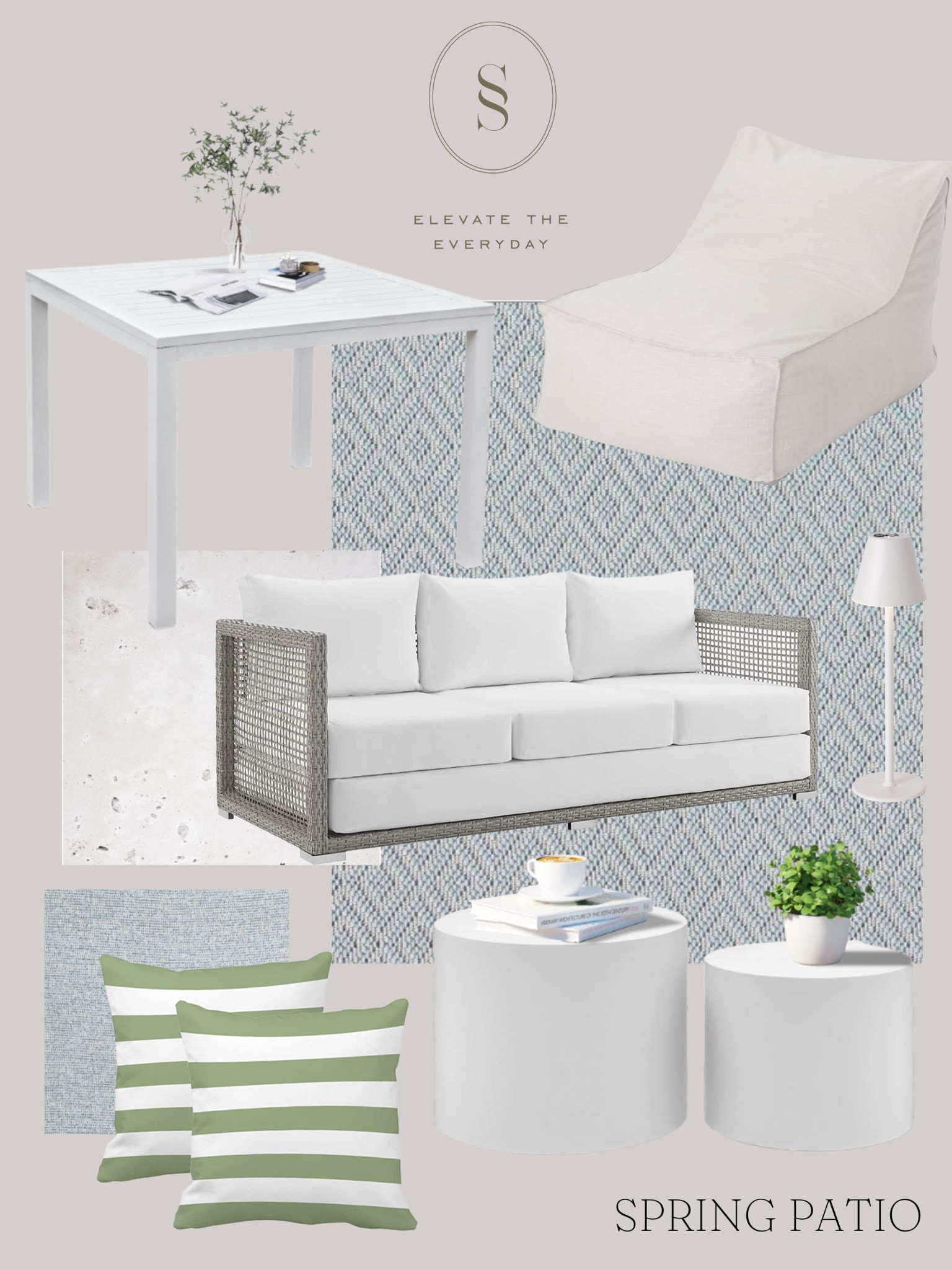 Outdoor blue and green patio. White outdoor side table coffee table, outdoor pillows, outdoor sofa, cordless battery powered outdoor table lamps and outdoor rugs 

#LTKunder100 #LTKSeasonal #LTKhome
