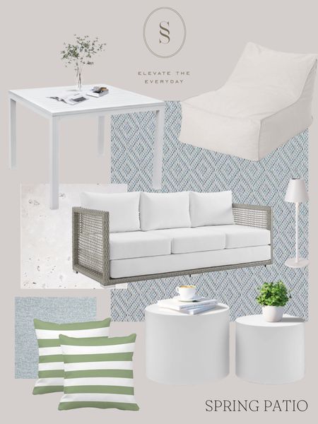 Outdoor blue and green patio. White outdoor side table coffee table, outdoor pillows, outdoor sofa, cordless battery powered outdoor table lamps and outdoor rugs 

#LTKunder100 #LTKSeasonal #LTKhome