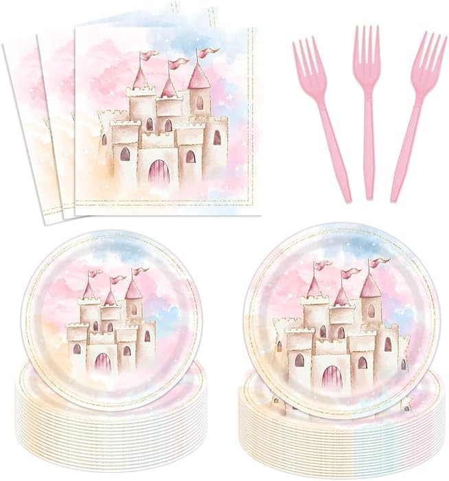 96 Pcs Princess Castle Birthday Tableware Set for Girls - Pastel Rainbow Pink Castle Plates, Napk... | Amazon (US)