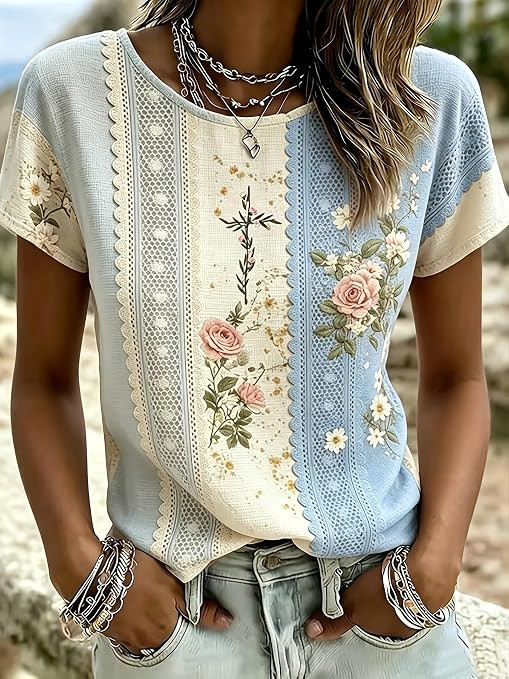 Women's Boho Floral Print Colorblock Lace Trim Round Neck Short Sleeve Shirt, Casual Blouse | Amazon (US)
