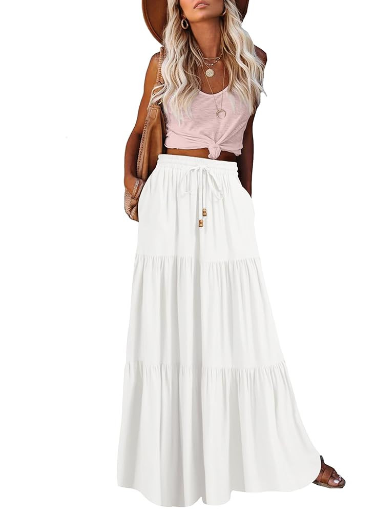 HAEOF Women's Summer Boho Maxi Skirt A-Line Flowy Ruffle Tiered Elastic High Waist Beach Long Ski... | Amazon (US)
