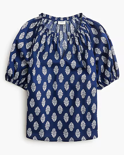 Printed puff-sleeve split-neck top | J.Crew Factory