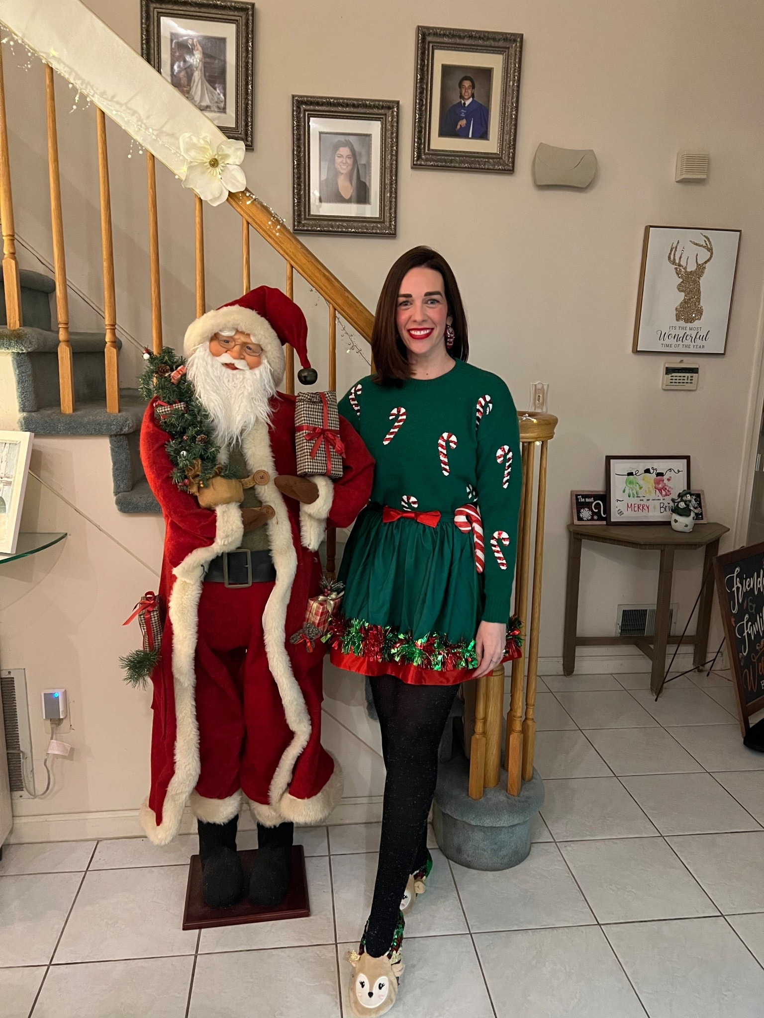 Green candy cane sweater (xs). Green and red bow tinsel skirt (small). Black tights (small). Reindeer sequin slippers (small). #sweater #candycanesweater #greensweater #skirt #bowskirt #greenskirt #blacktights #tights #christmasoutfit #holidayoutfit 
holiday outfits women
holiday party outfits 
holiday accessories 

#LTKFindsUnder100 #LTKSeasonal #LTKHoliday