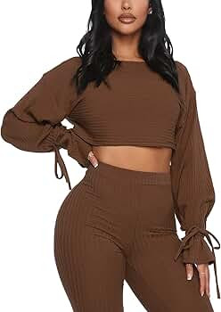 Solid Color Two Piece Outfits for Women，Long Sleeve Crop Top and Bodycon Pants Joggers Clubwear... | Amazon (US)