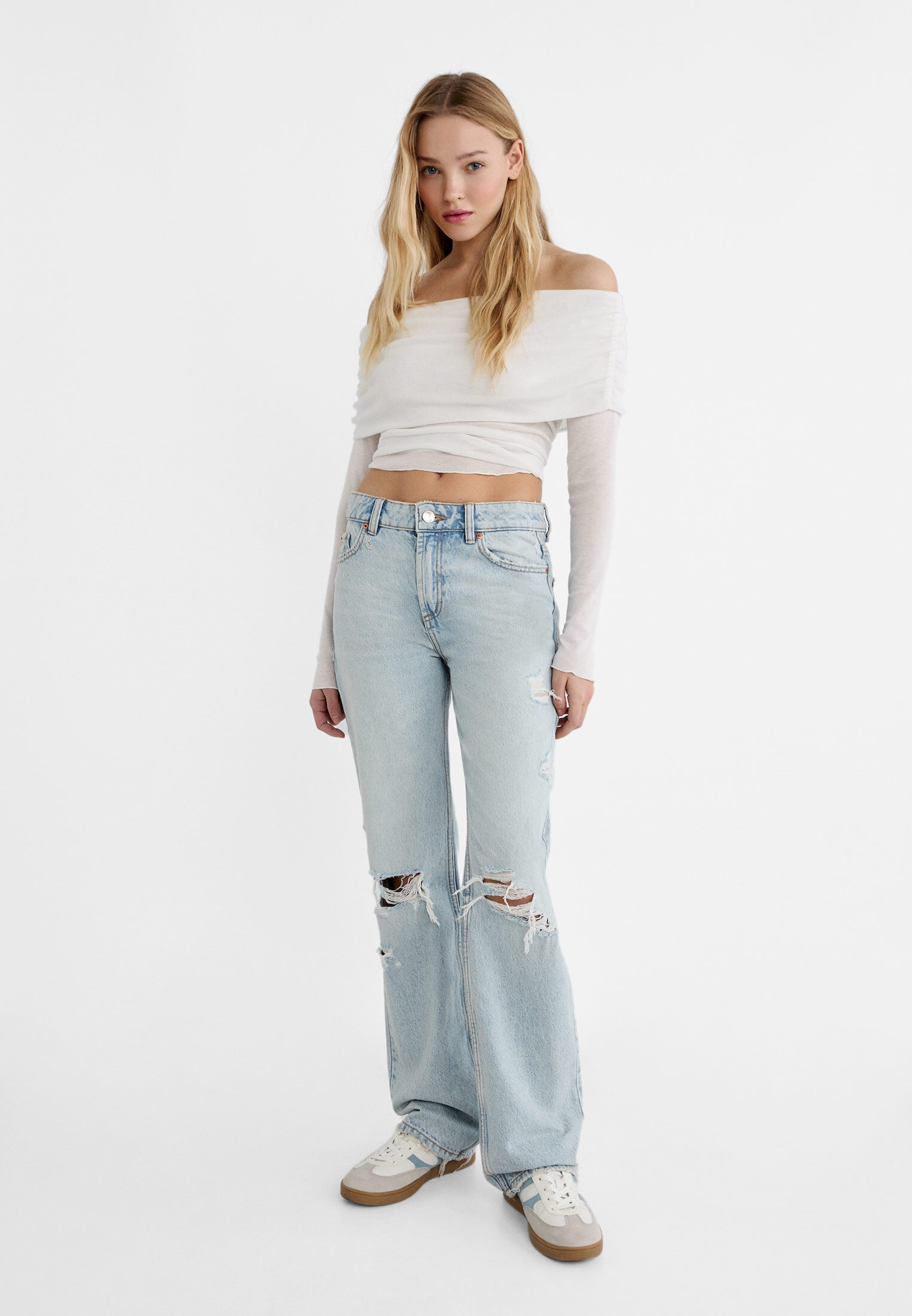 Ripped straight-leg jeans - Women's Jeans | Stradivarius United Kingdom | Stradivarius (UK)
