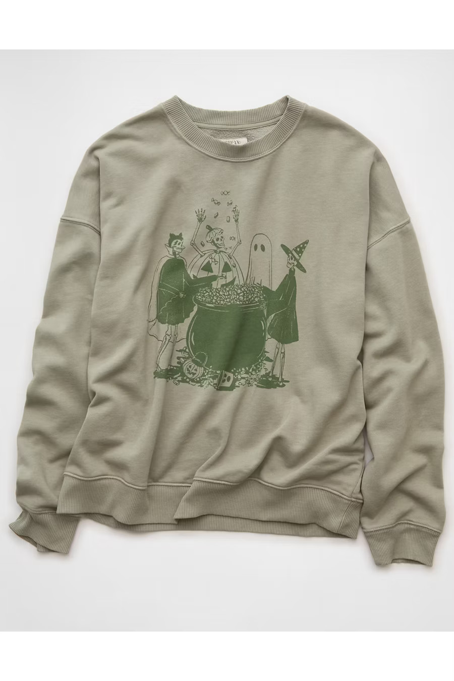 AE Halloween Graphic Sweatshirt Women's Faded Olive XS | American Eagle Outfitters (US & CA)
