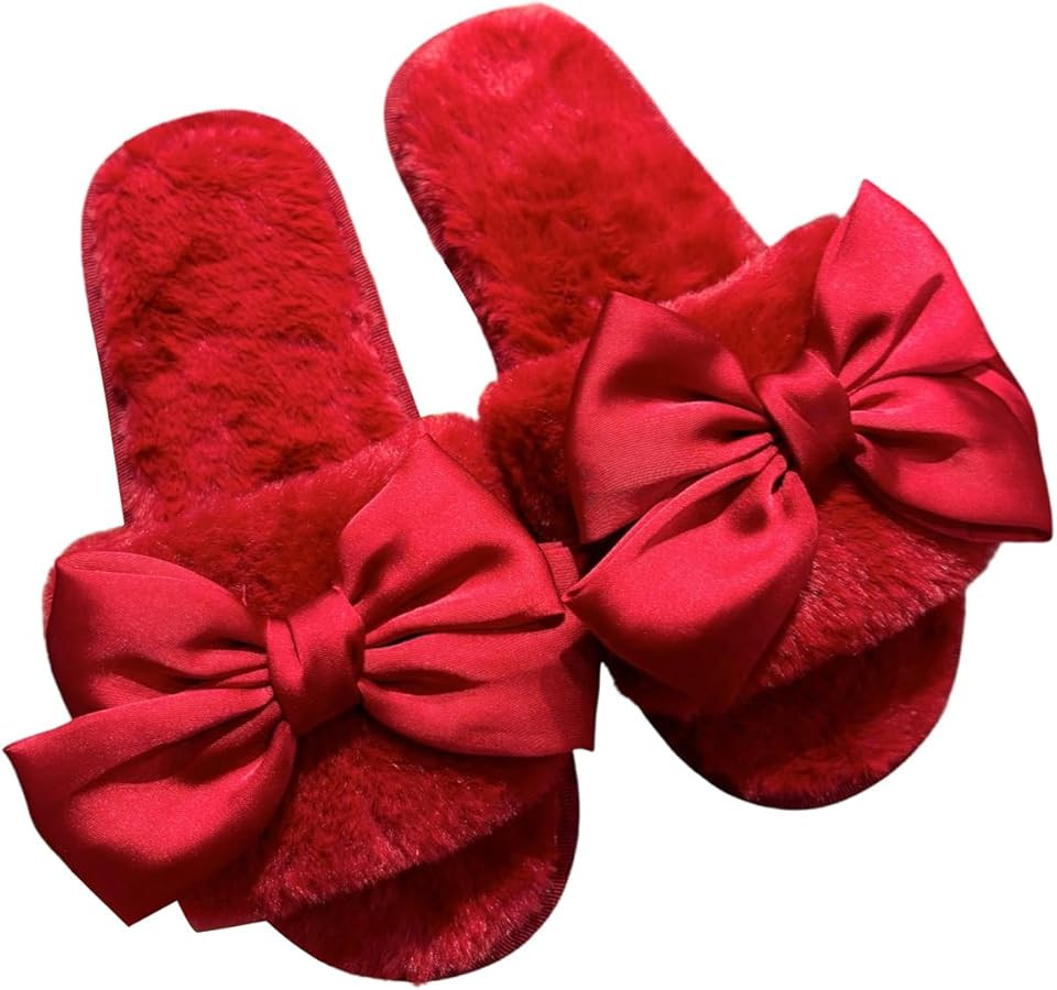 Women's Bow Knot Furry Fuzzy Slippers Open Toe Indoor Outdoor Bedroom House Slippers | Amazon (US)