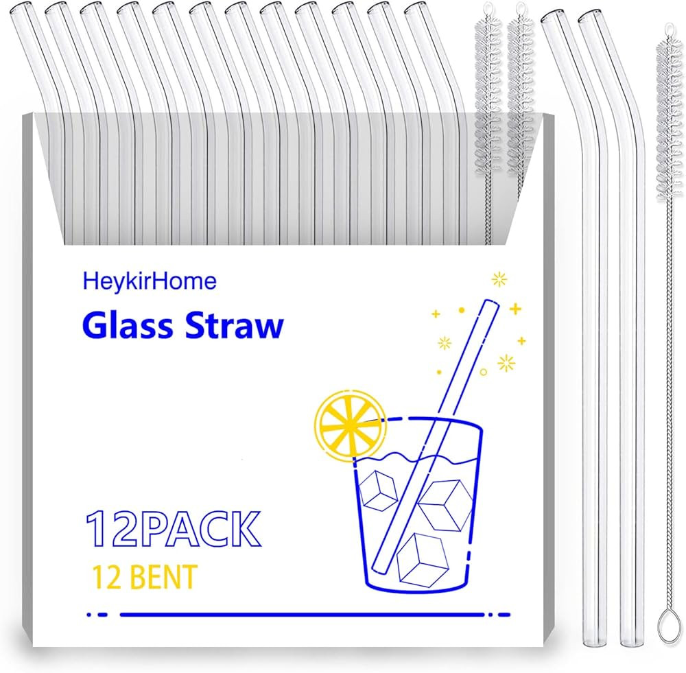 HeykirHome 12-Pack Reusable Glass Straws,Size 8''x10 MM,Including12 Bent with 2 Cleaning Brush- P... | Amazon (US)