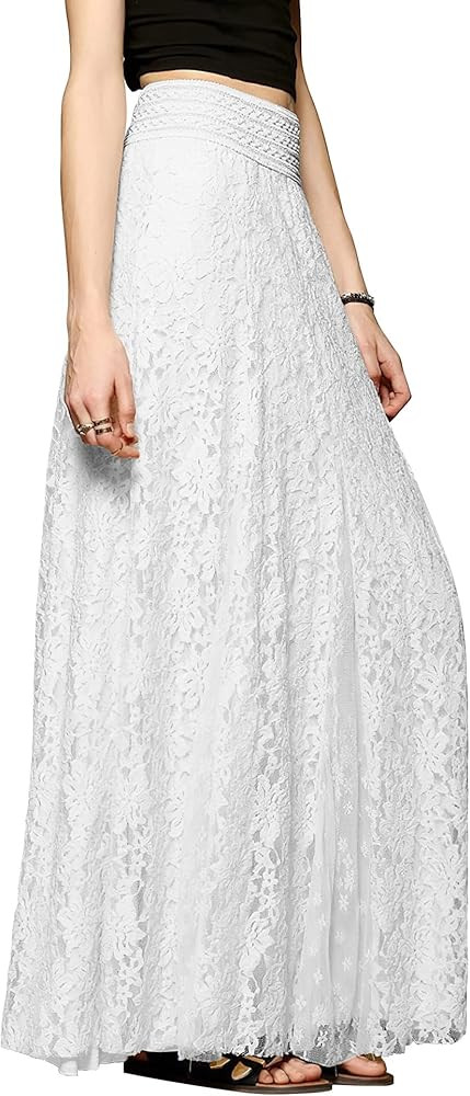 CHARTOU Womens Elegant Floral Lace Elastic High Waist Pleated Maxi Long Beach Skirts | Amazon (US)