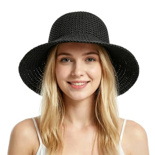 Straw Beach Sun Hats for Women Foldable Floppy Wide Brim Summer Travel Straw Sun Hat Packable Straw Bucket Hat (Black) | Amazon (US)