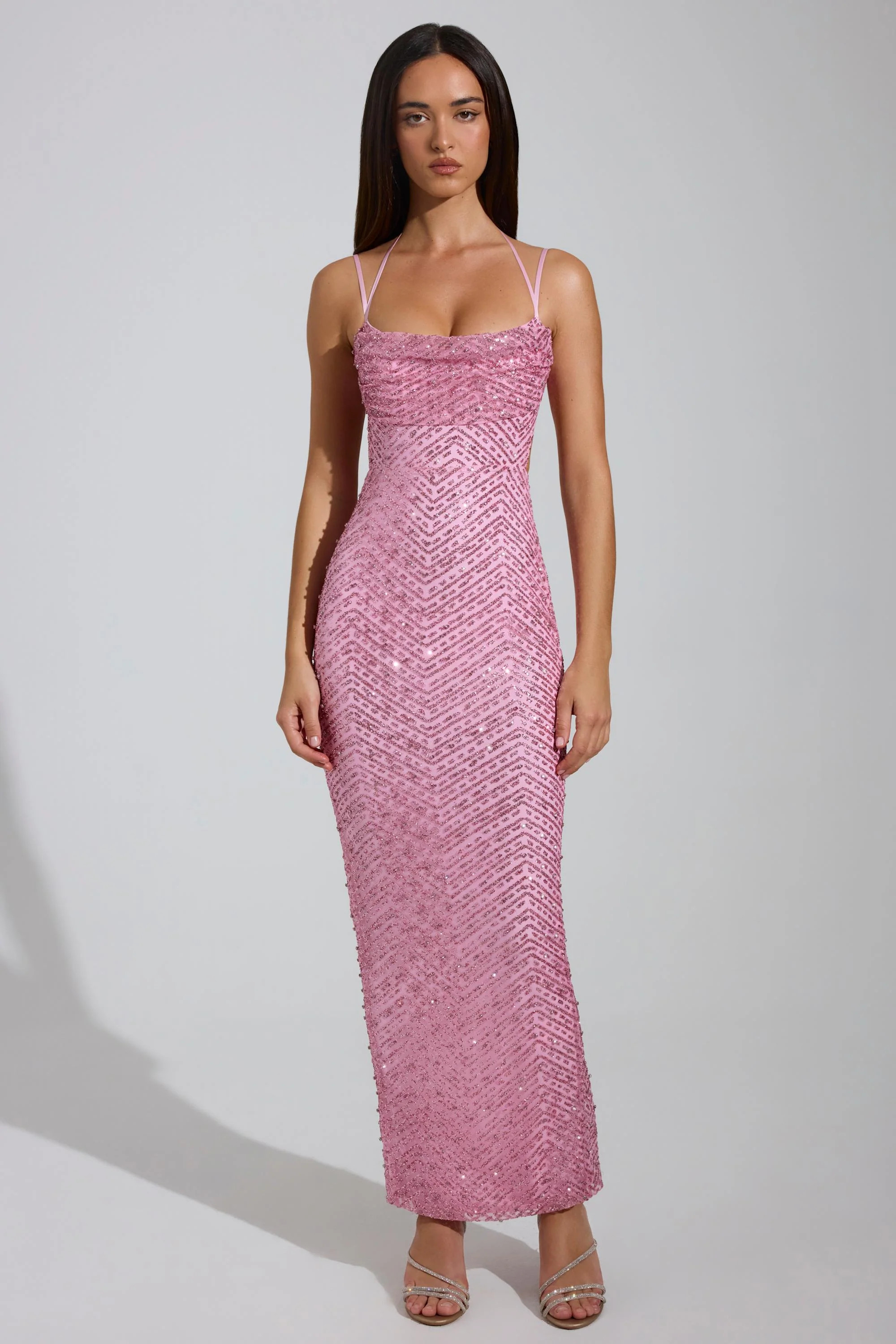 Embellished Cowl-Neck Maxi Dress in Pink | Oh Polly