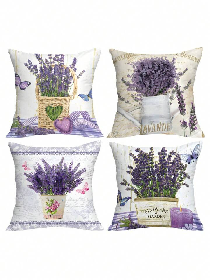 4pcs Purple Lavender Spring/Summer Bouquet Pattern Pillow Cover Without Pillow Inner, Square Pill... | SHEIN